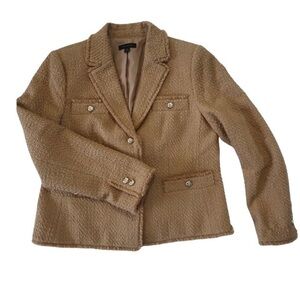 Ann Taylor Caramel Tweed Blazer Single Breasted Gold Buttons Wool-Blend Sz 14